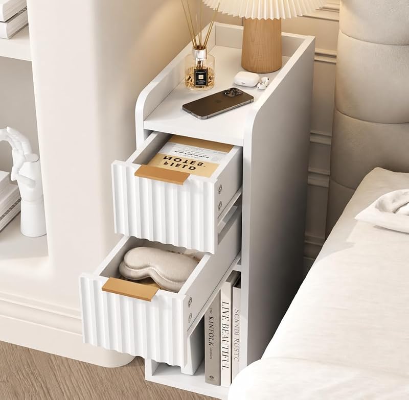 Set of 2 Narrow Wooden Nightstands - 7.9-inch Slim Bedside Tables with Fluted Drawers for Small Spaces, Modern White