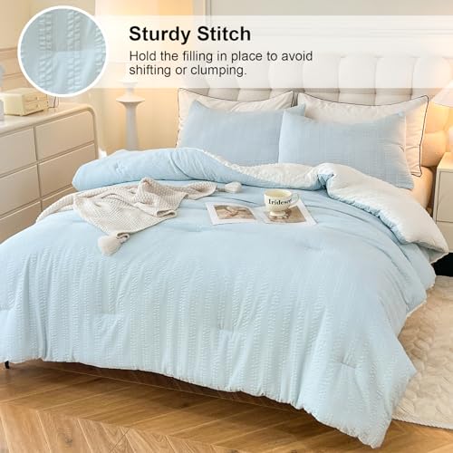 Full Size Light Blue Boho Comforter Set 3 Pieces - Striped Pleats All Season Bedding