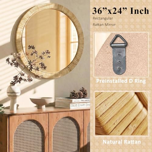 Round 24x24 Inch Rattan Wall Mirror - Rustic Boho Wicker Frame, Handmade