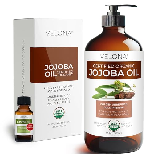 Velona USDA Organic Jojoba Oil 16 fl oz Glass Bottle Cold Pressed Non-GMO Pump
