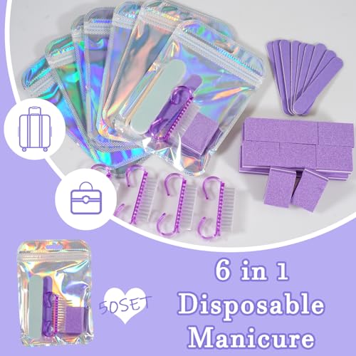 Disposable Manicure Kit Professional, 18 Set Press On Nail Tool Kit with Nail File, Nail Buffer, Nail Buffer Block, Nail Handle Brush, Wood Stick, Packaging Bag (Purple-50pcs)