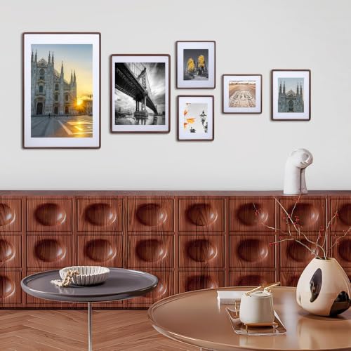 Wooden 4x4 Picture Frame with Mat - Walnut Rounded Corner Photo Frame for Wall or Tabletop Display