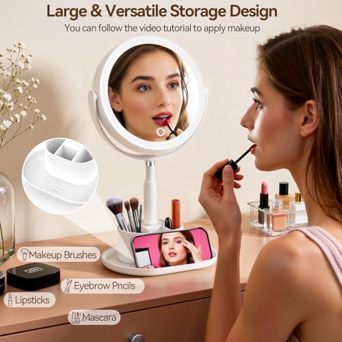 White 20X Magnifying Lighted Vanity Mirror with Storage Base – Double Sided