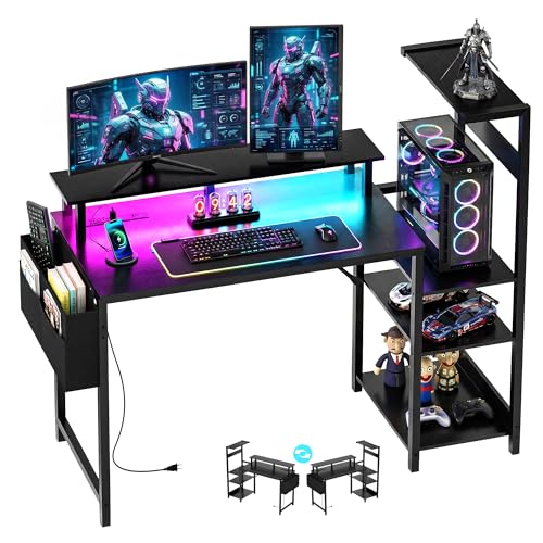 Apicizon 43-Inch Gaming Desk with Monitor Stand, Left/Right Shelves, Black