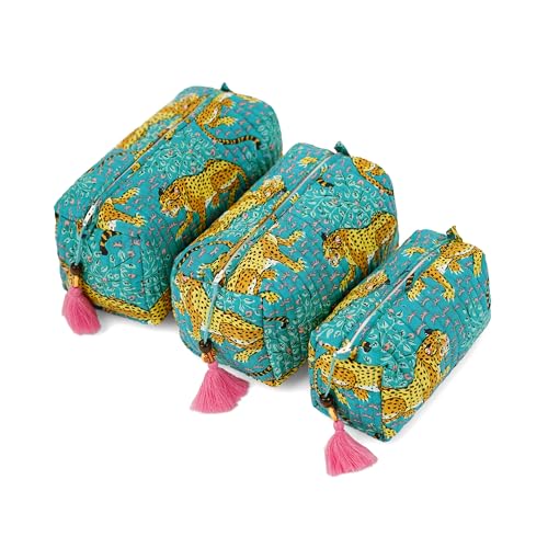 Saffron Marigold Handmade Quilted Cotton Makeup Bag Set of 3 Turquoise Cheetah Trails
