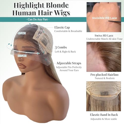 Ash Blonde Lace Front Wig Human Hair 16 Inch Pre-Plucked Straight Ombre Highlight with 13x4 HD Lace for White Women - Variation #6T6p18