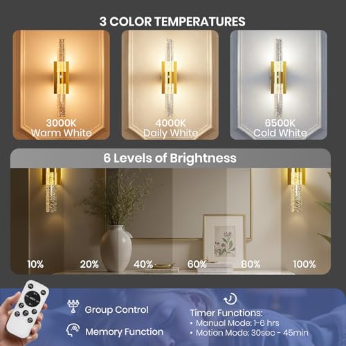 Wireless Rechargeable Wall Sconces Set of 2 with Remote - Brushed Gold & Bubble Crystal