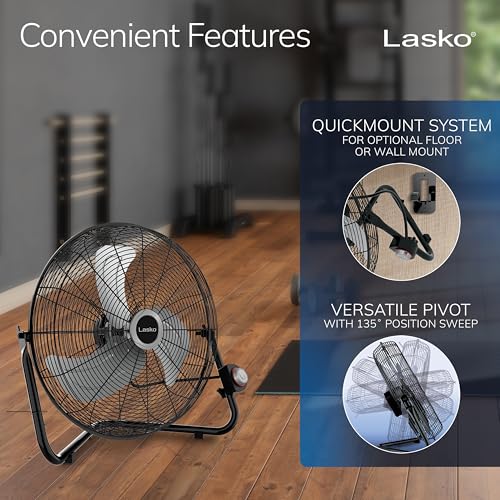 Lasko 20-Inch High Velocity Wall Mount & Floor Fan Black Silver - Versatile Cooling