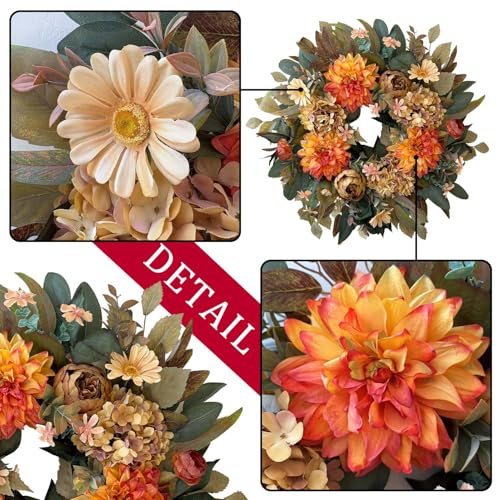 WANNA-CUL 24in Fall Front Door Wreath Dahlia Hydrangea Peony Vintage Spring Variation