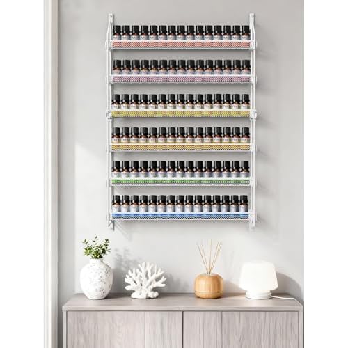 Nail Polish Organizer Wall Mounted, 6 Tier Metal Storage Rack Holds 90 Bottles, Multifunctional Organizer for Essential Oils Paint Perfume, White