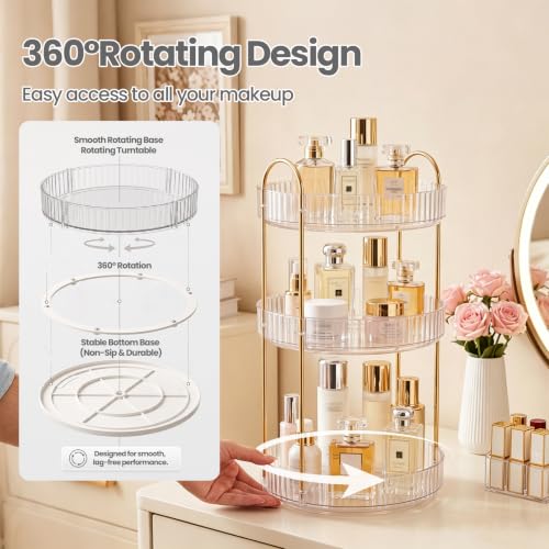 Delnor Clear Rotating Makeup Organizer Countertop 3-Tier Lazy Susan Stand