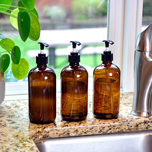 Youngever 3 Pack Empty Amber Glass Pump Bottles, 3 Pack 16 Ounce Pump Bottles, Soap Dispenser, Refillable Containers