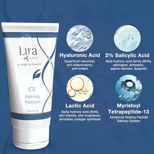 Lira Clinical ICE Refining Masque - Acne & Oil Control Kaolin Clay Mask with Niacinamide & Salicylic Acid - Calm Skin & Refine Pores with Collagen Peptides & Plant Stem Cells - 2 fl oz