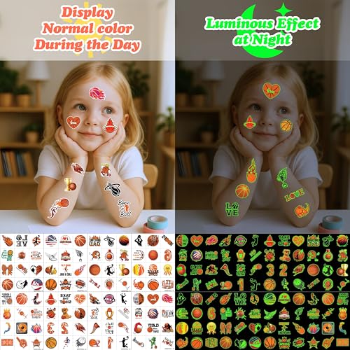 Basketball Temporary Pre - cut Tattoos - Olympic MVP Sports Game -Themed Stickers for Kids' Birthday Party Supplies, Decorations, Favors, and Prizes - Cute Gifts for Boys and Girls (Glow in the dark)