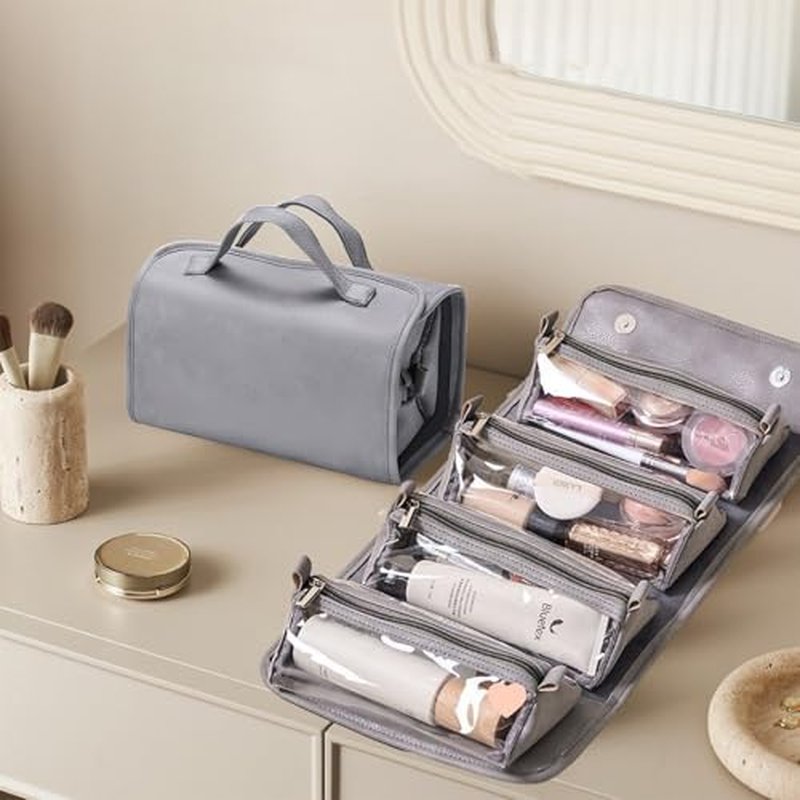 4 in 1Portable Makeup Bag with 4 Detachable Transparent Compartments - Waterproof Leather Foldable Large-Capacity Travel Cosmetic Organizer