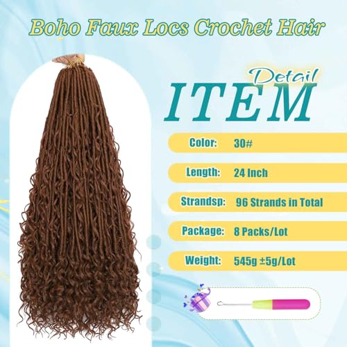 30# 24 Inch Boho Soft Locs Crochet Hair - 8 Packs Goddess Faux Locs with Curly Ends for Black Women