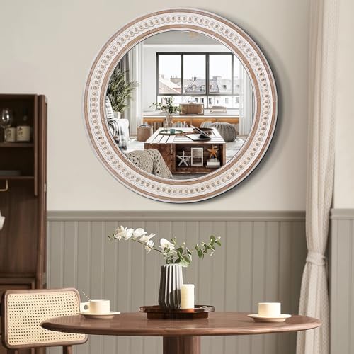 Decointo 24 Inch Round Rustic Wooden Bathroom Mirror - Style 1