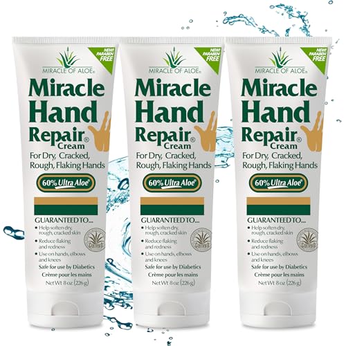 Miracle Hand Repair Cream for Dry Cracked Hands 8 oz Best Healing Hand Cream with 60% Aloe Vera - Non-Greasy Moisturizer for Working Hands - Fast Absorbing Lotion for Extremely Dry Skin (3-Pack)