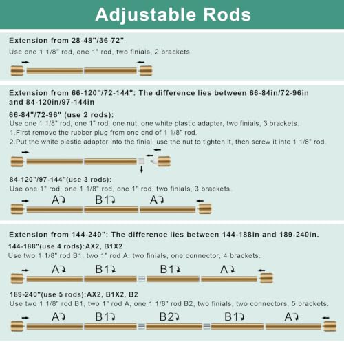 Heavy Duty Curtain Rods 1 1/8 Inch Diameter Extra Long 144-240 Inch - Warm Gold