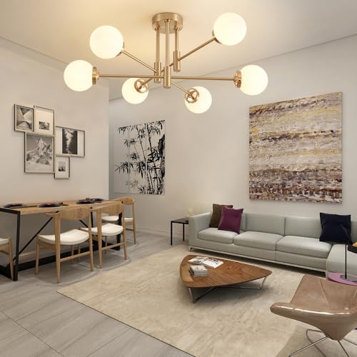 Biewalk Gold 6-Light Sputnik Ceiling Light Fixture with Milk White Glass Shades - Modern Adjustable Chandelier