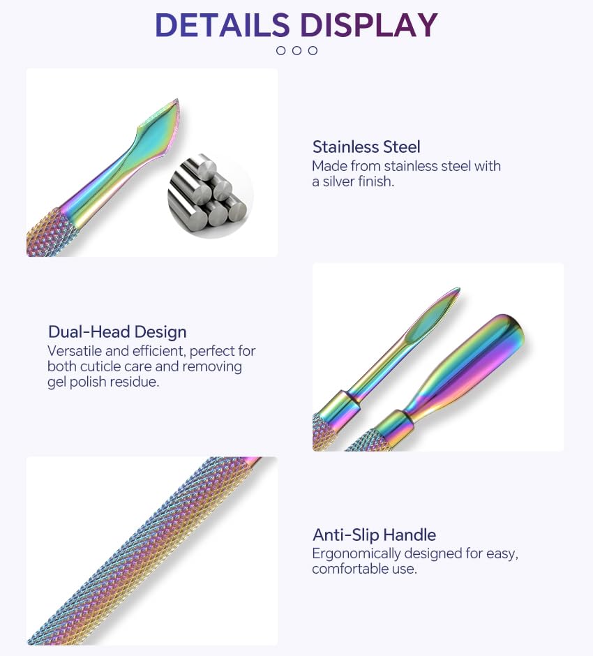KAZIPOP Double-Headed Nail Cuticle Pusher Stainless Steel Cuticle Cleaner Gel Nail Polish Peeler Scraper 2-in-1 Cuticle Trimmer Metal Chameleon Cuticle Pusher (1)