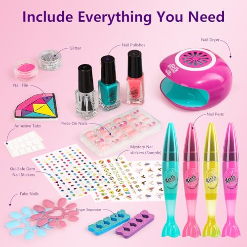 Kids Nail Polish Set with 4 Nail Art Pens, Dryer & Accessories - Safe & Non-Toxic