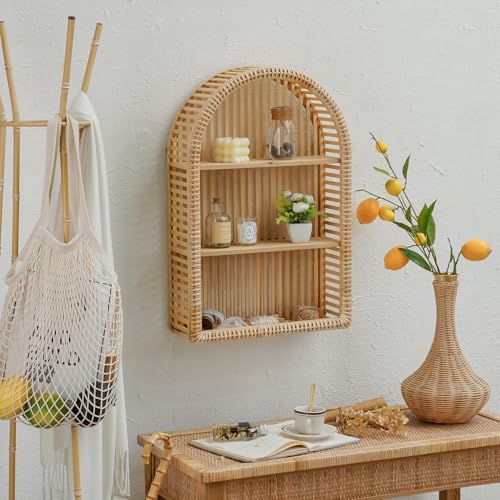 3-Tier Rattan Wall Shelf - Boho Arch Hanging Floating Shelf for Living Room & Bathroom