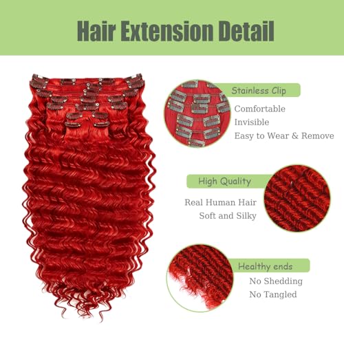 Red Deep Wave Clip-In Hair Extensions - 14 Inch Real Remy Human Hair, 7pcs, 120g - Variation CP RED D