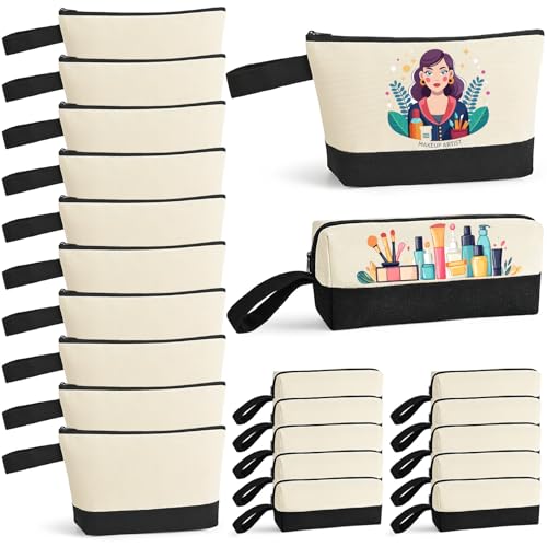 20Pcs Canvas Makeup Bag with Bottom, 12oz Cotton Cosmetic Bag Set Bulk Multi-Purpose DIY Heat Transfer Makeup Bag w/Black Zipper for Bridesmaid Makeup Bag Travel Toiletry Pouch Storage, Easter Craft