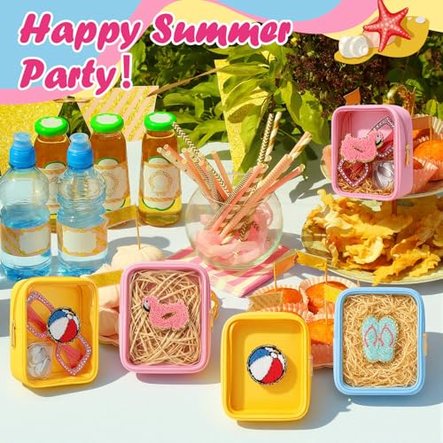 Summer Party Cosmetic Bags with Chenille Patches - Yellow Blue Pink / Cute - Waterproof & Travel Friendly