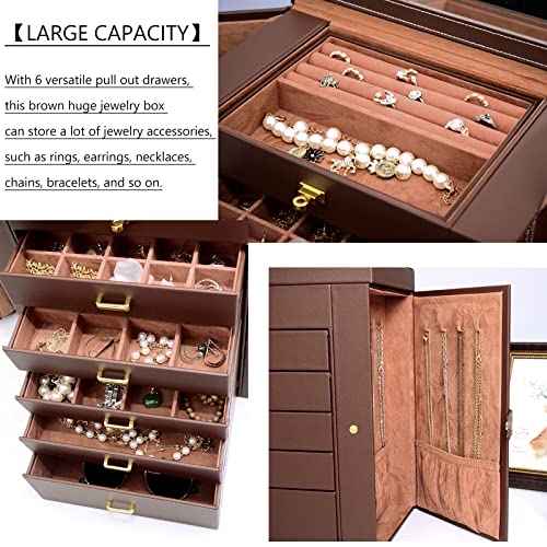 Large 6-Tier Jewelry Box Organizer with 5 Drawers & Mirror - Extra Large Brown