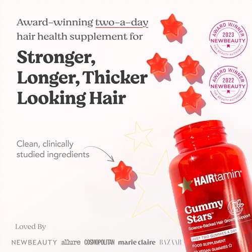 Hairtamin Gummy Stars Hair Vitamins with Biotin 60 Count - 1 Month Supply - Supports Hair Growth & Strength