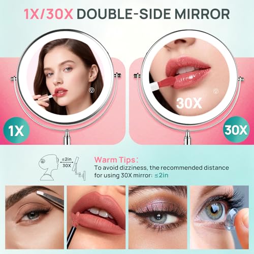 Chrome Wall Mounted Lighted Makeup Mirror Double Sided 1X/30X Magnification