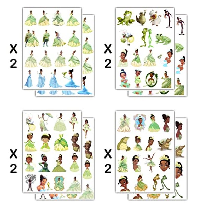 8 Sheets Princess Tiana Temporary Tattoos for Party Supplies, Princess and the Frog Temporary Tattoos for Birthday Party Decorations
