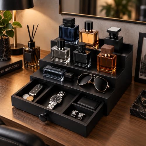 Men's 3-Tier Cologne Organizer Stand with Drawer - Black Wooden Display