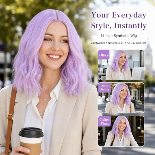 eNilecor Purple Wigs for Women Short Wavy Bob 14 Inch Middle Part Synthetic Lilac Neon Wig for Cosplay & Party - Lavender Purple