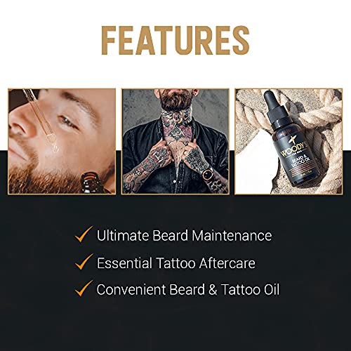 Woody's Tattoo & Beard Oil for Men - Hydrating & Conditioning Mens Beard Oi for Mustache Facial Hair & Tattoo Enhancement, 1 fl oz, 2 Pack