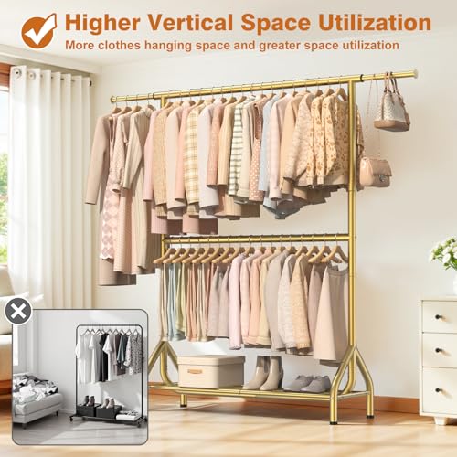 Heavy Duty Gold Clothing Rack with Double Rod & Shelves, 622 lbs Capacity, 82.68 Inch Tall Garment Organizer