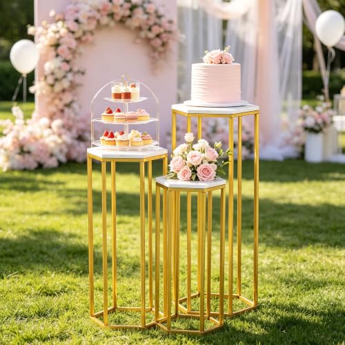 Urban Deco Gold Hexagon Pedestal Stands Set of 3 for Party Decor