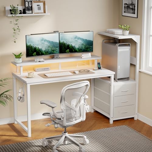 52-Inch Reversible Gaming Desk with LED Lights Power Outlets - White