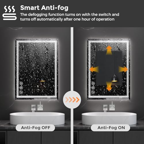 Koonmi 28x20 LED Bathroom Mirror with 3 Light Colors, Anti-Fog, Dimmable