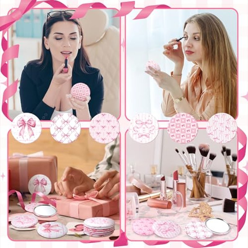 Geelin 12 Pcs Pink Compact Mirror Bulk Pink Bow Party Favors Coquette Aesthetic Mini Mirror for Purse Pocket Women Girl Birthday Valentines Day Gift Wedding Bridal Shower