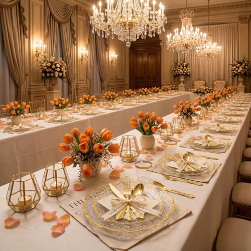 N9R 300PCS Gold Plastic Silverware Set - Vintage Disposable Utensils for Parties