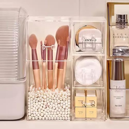 White ShellKingdom Makeup Brush Holder with Drawers & Pearls - Large Clear Cosmetic Organizer