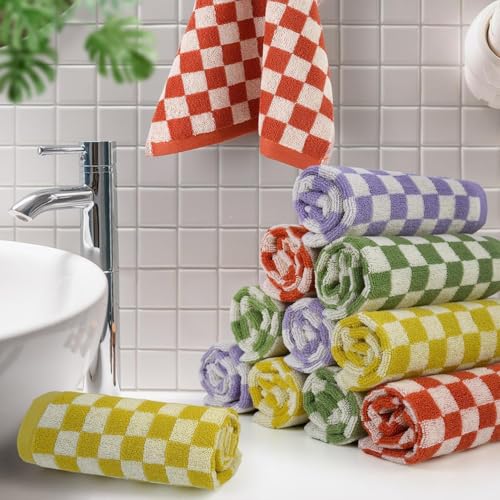 Checkered Washcloths 12 Pack - Ultra-Soft Cotton Bath Towels for Showering & Skincare (13"x13") - 4 Colors