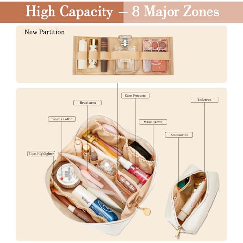 CLOUDWINGS Large Personalized Makeup Bag Set for Women & Teen Girls - Beige, Initial Customization, Travel Organizer