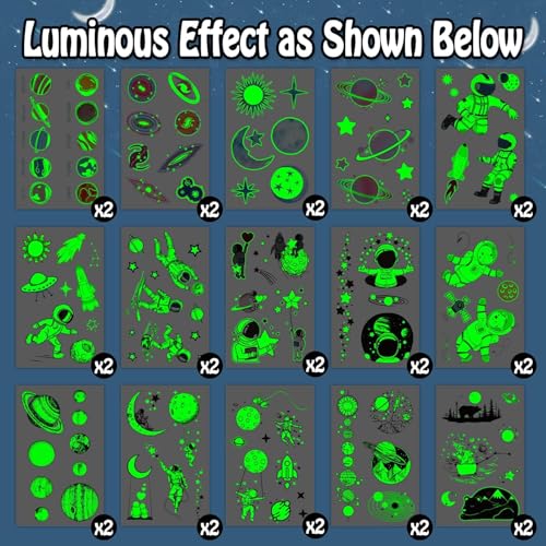 Partywind 225 Styles (30 Sheets) Luminous Space Kids Temporary Tattoos for Party Supplies, Outer Space Party Favors with Astronaut/Planet/Star/Moon, Games for Boys Children