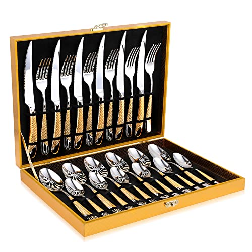 OGORI Hammered Silver Gold Flatware Set 24 Pieces for 6 - Elegant Stainless Steel Dinnerware
