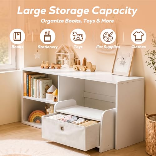 Faesun 3-in-1 Toddler Bookshelf with Bench, White Montessori Reading Nook & Toy Organizers