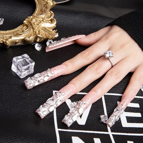 LOVFUL Stunning Bling Nails,Crystal Detailed Diamonds Press On Nails | Custom Shape | Glitter Rhinestone Nails | Gradient Pink Fake Nails| Square Long 2.2 in | H126 (S)
